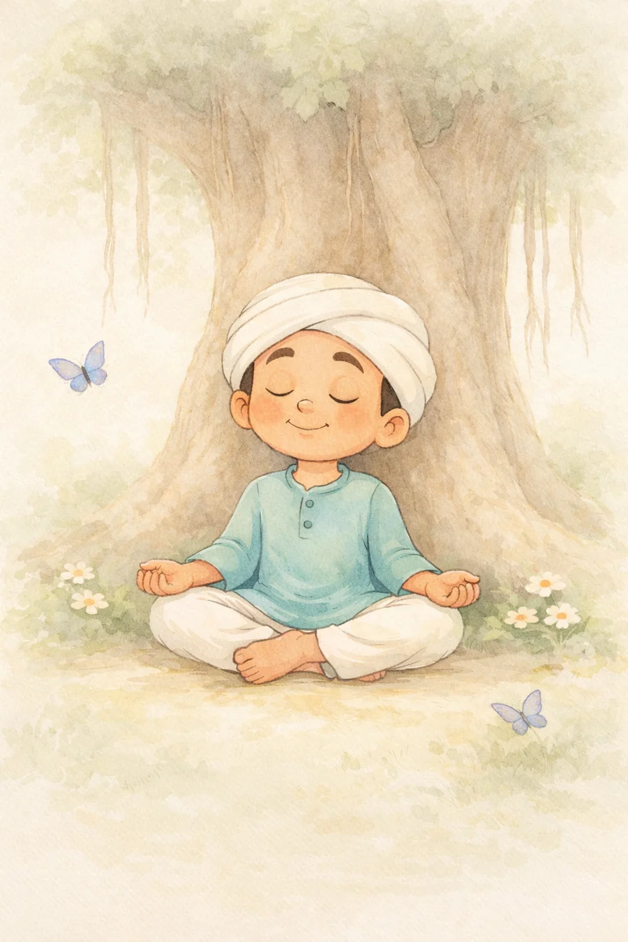Little Kabir meditating — animated character avatar