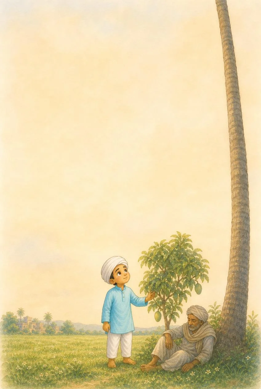 Little Kabir with elder under palm tree — illustrating humility