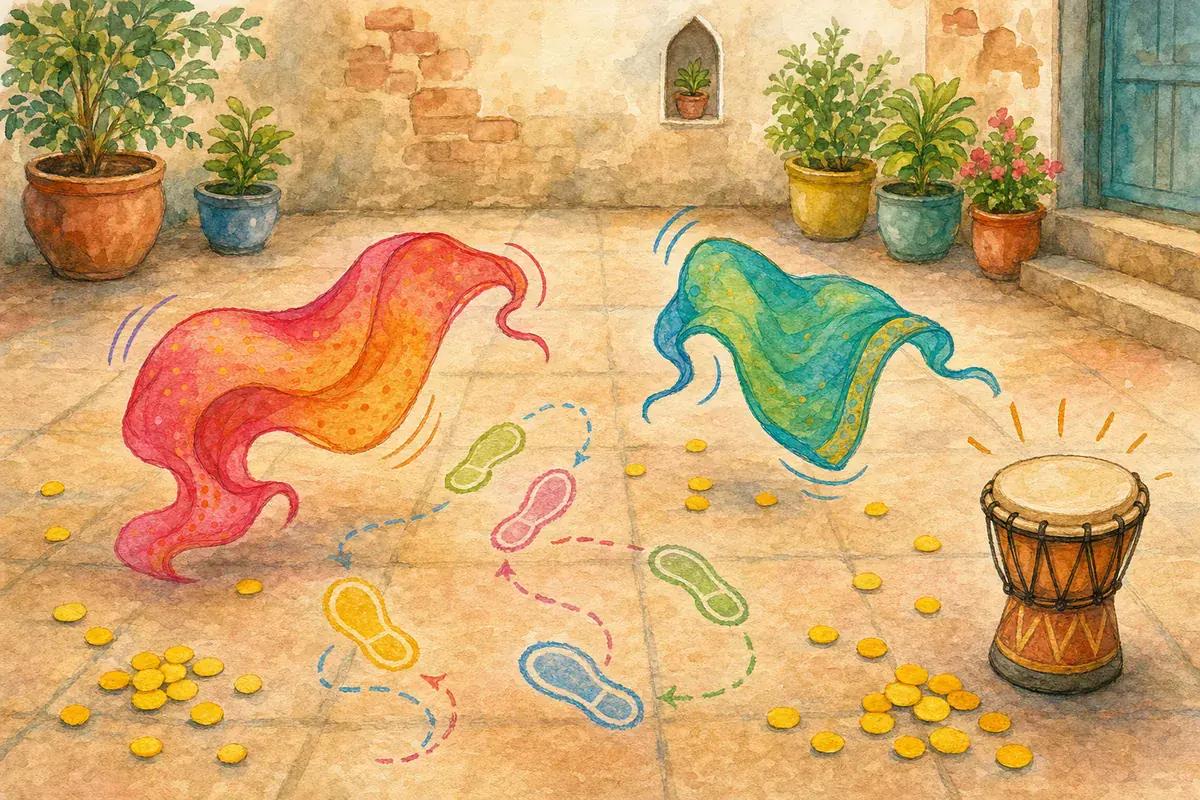 Chalk footsteps, scarves and drum in a courtyard dance-along scene