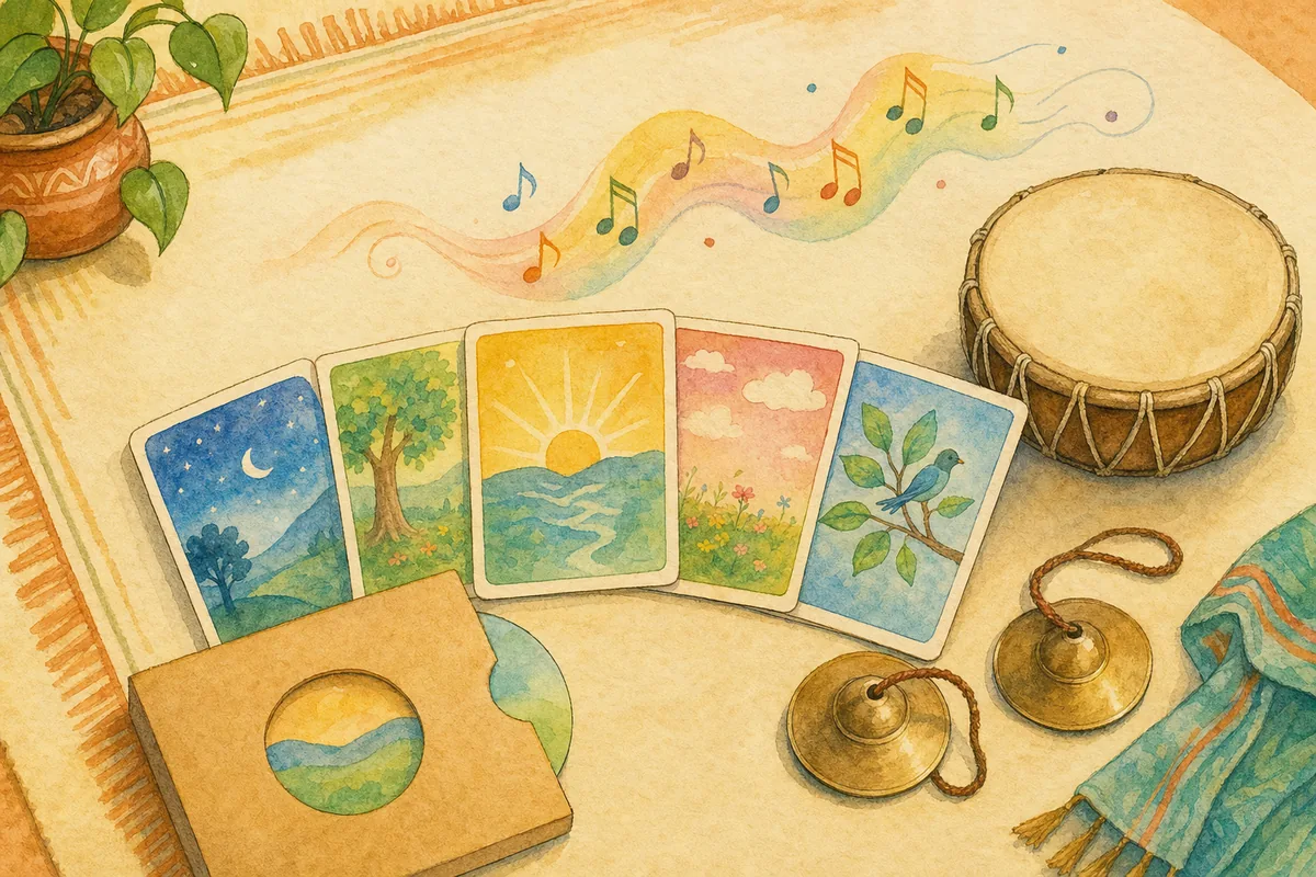 Song cards, music notes and instruments for Little Kabir Songs