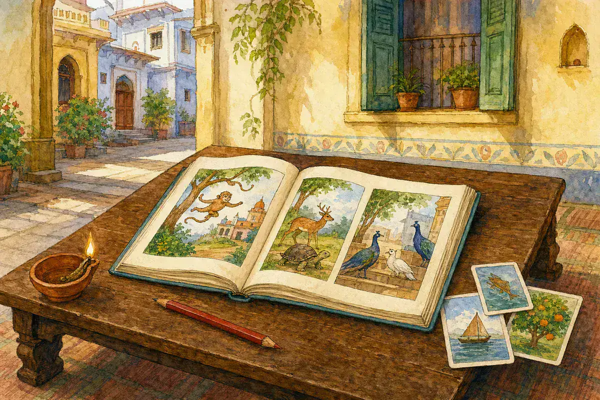 Open illustrated storybook with story cards in a warm Indian courtyard