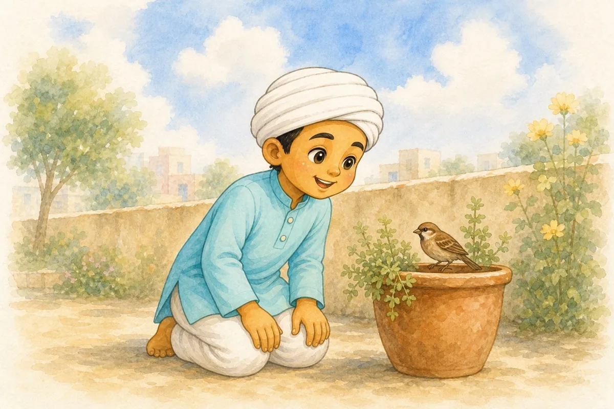 Little Kabir kneeling beside a small bird in a flower pot, listening closely.