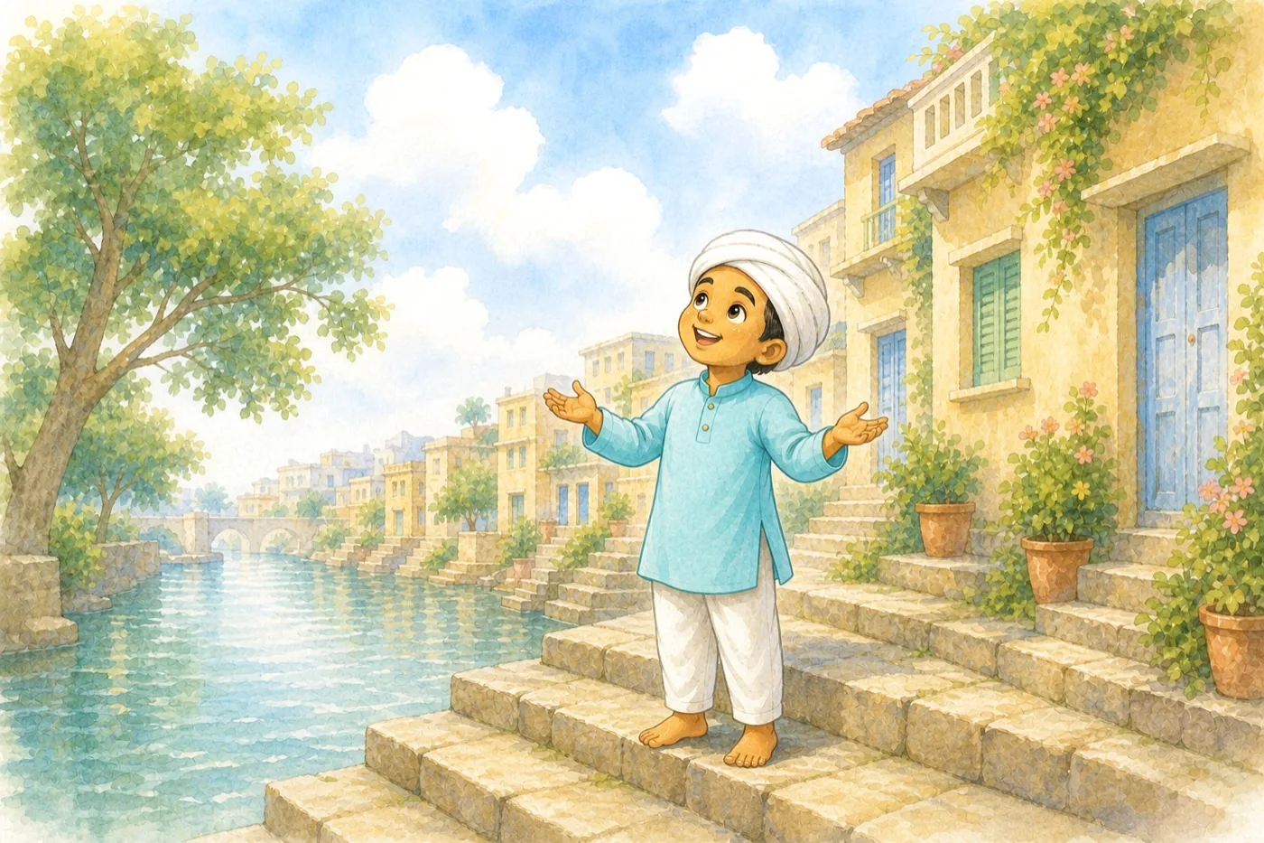 Little Kabir looking up with wonder beside calm water and sunlit houses, in the Kabir for Kids watercolour style.
