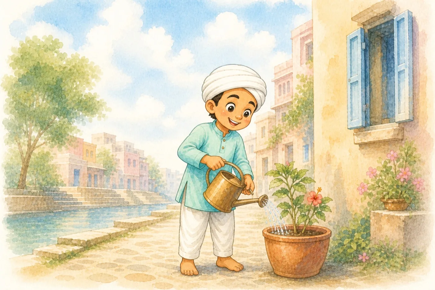 Little Kabir watering a small plant with care in a bright courtyard.