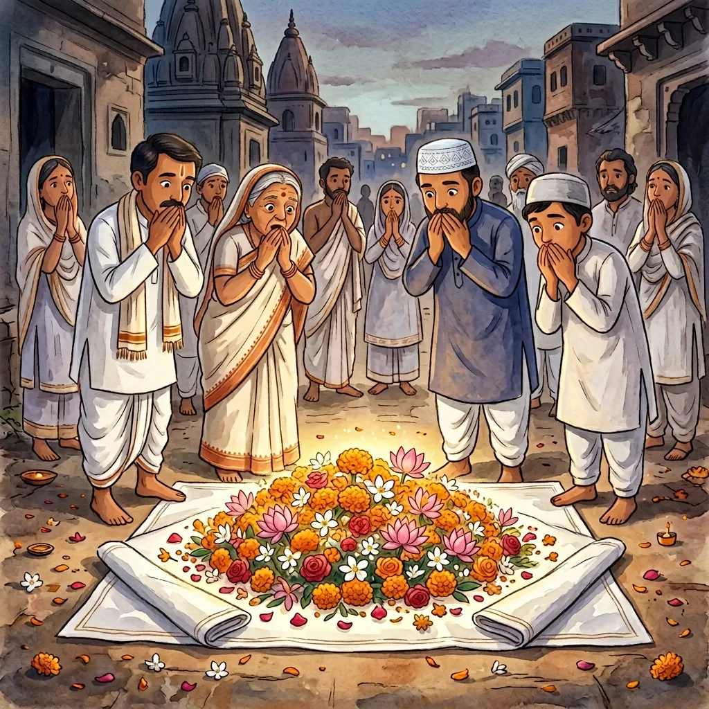Flowers where Kabir's body had been, under a white cloth