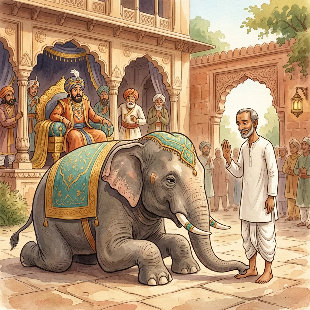 An elephant bowing before Kabir
