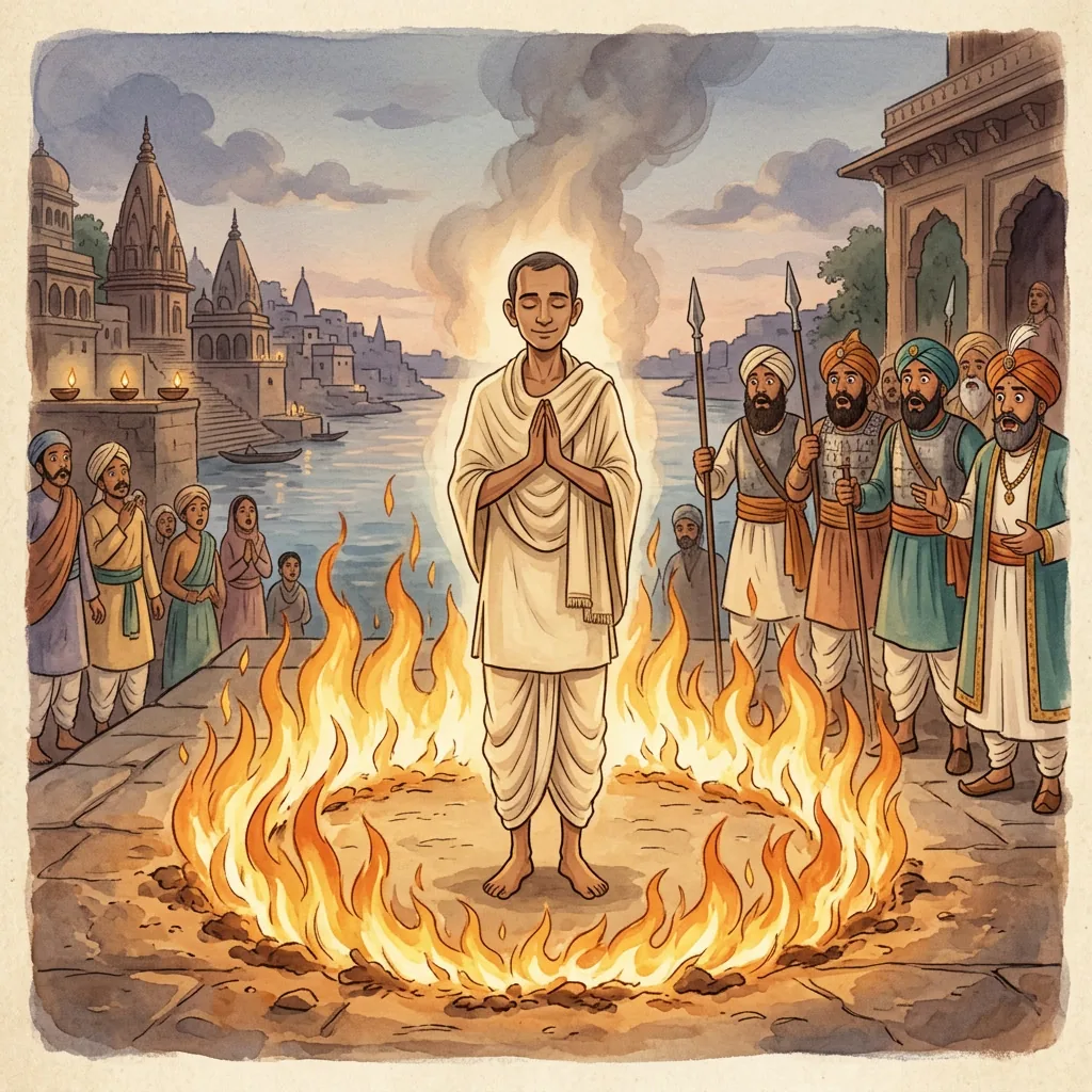Kabir standing calmly in a ring of fire, unharmed