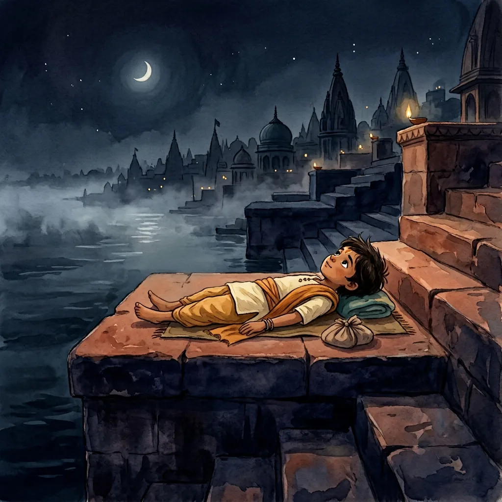 Kabir lying on the dark ghat steps at night