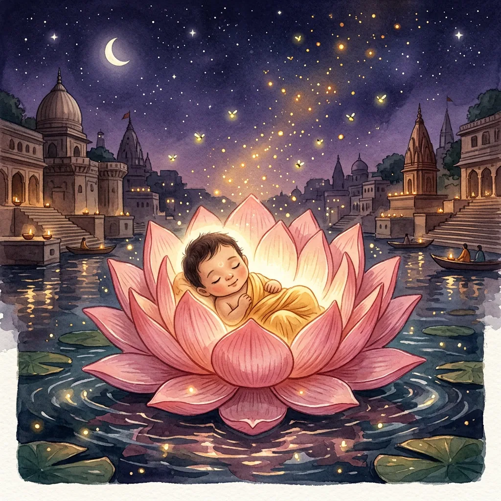Baby Kabir glowing on a lotus flower at dawn