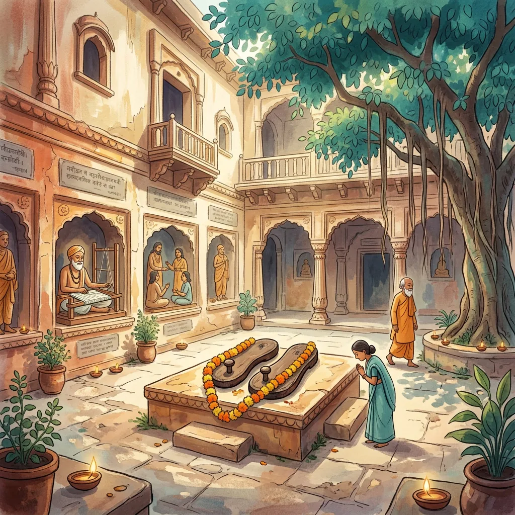 Kabir Math temple courtyard with sacred wooden sandals