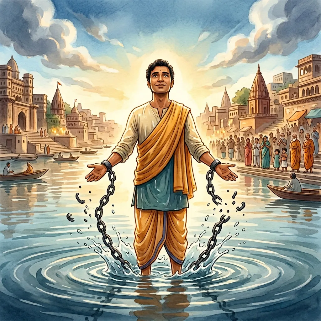 Kabir in chains in the river, chains breaking free