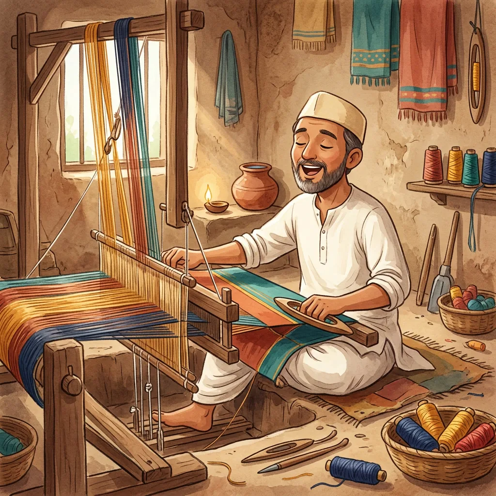 Kabir at his loom, weaving and singing