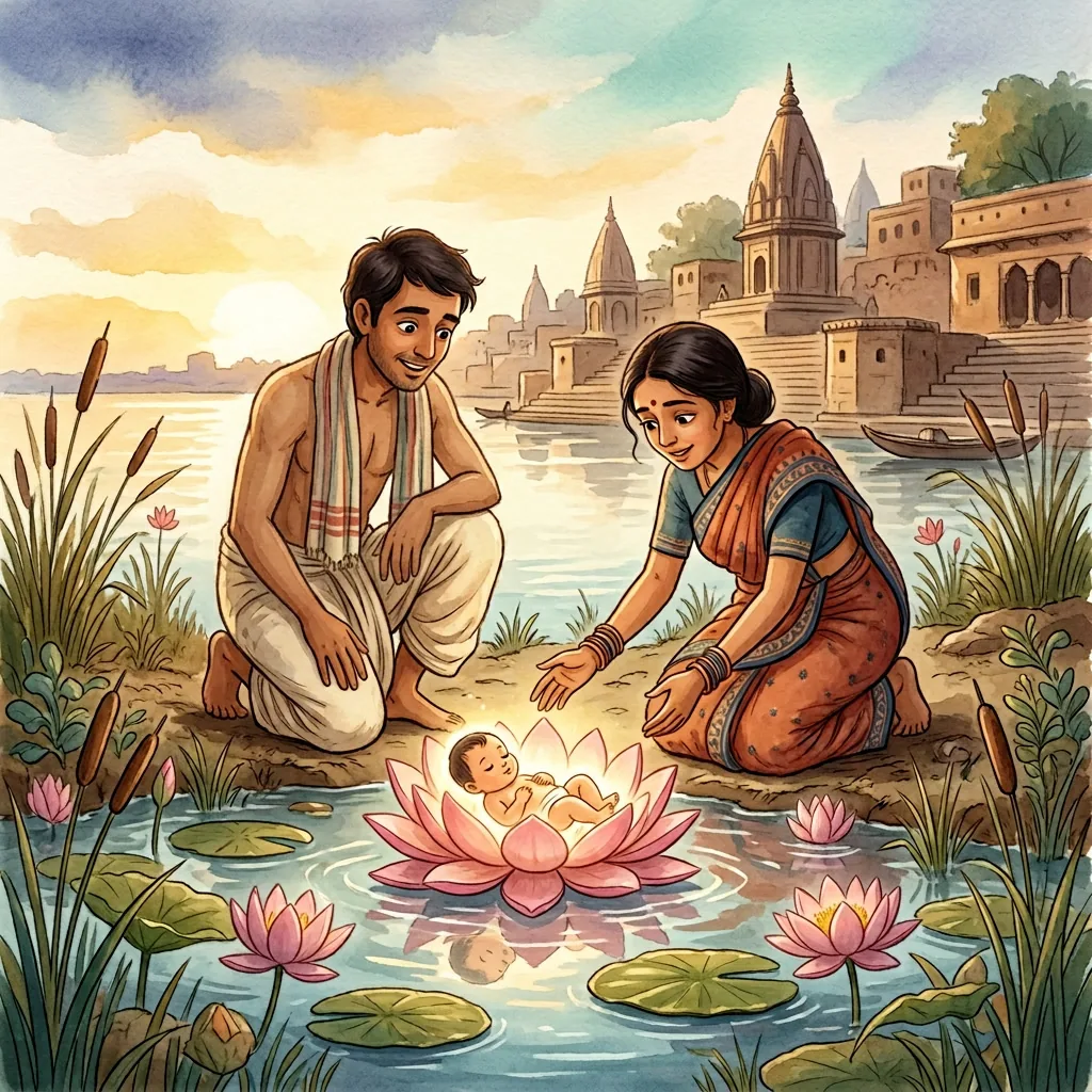 Niru and Nima weavers finding baby Kabir glowing on a lotus flower at Lahartara Pond, Varanasi at dawn