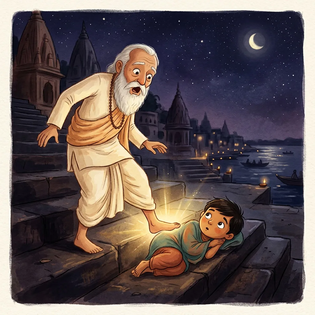 Swami Ramananda's foot striking Kabir on the ghat steps