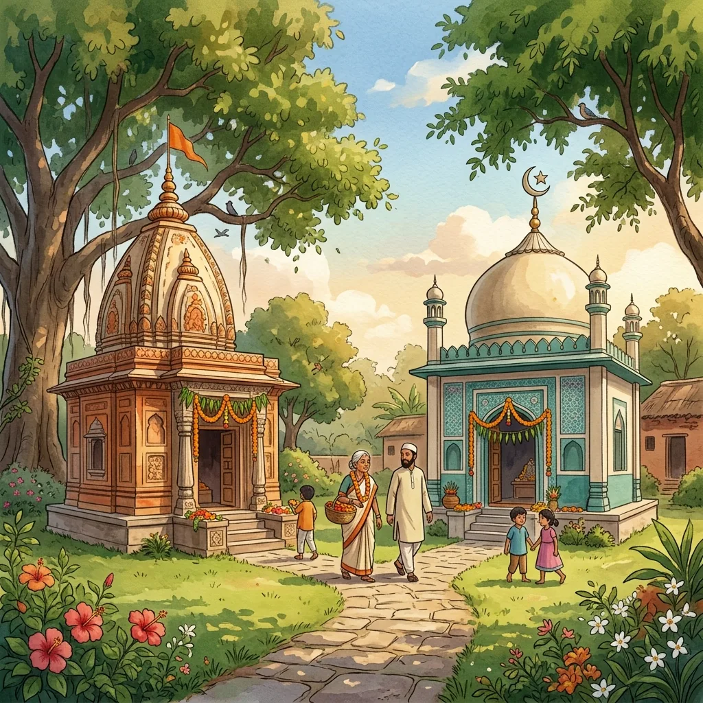 Twin shrines at Maghar — one Hindu, one Muslim — standing side by side