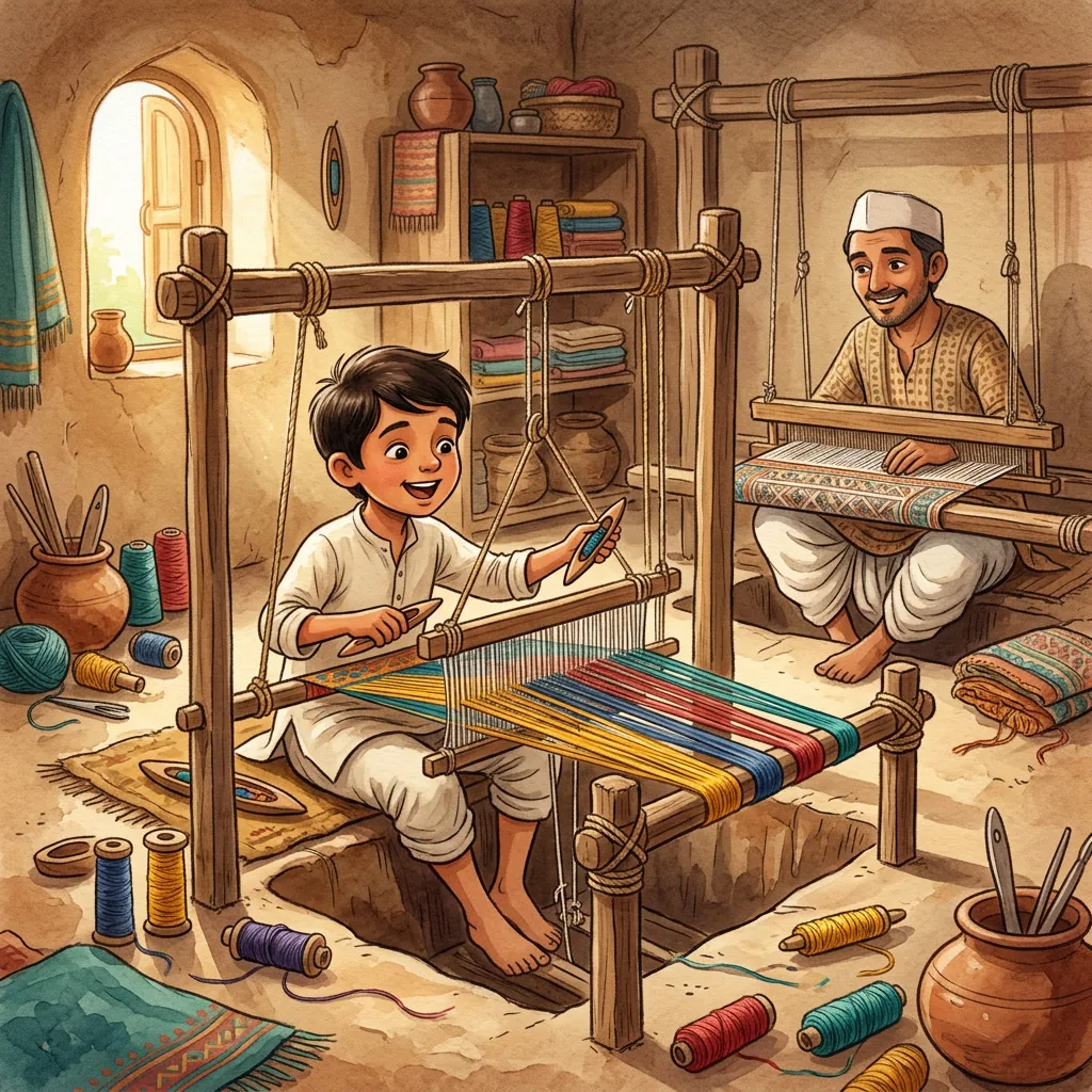 Young Kabir sitting at the pit loom beside his father Niru in their Kabir Chaura home in Varanasi