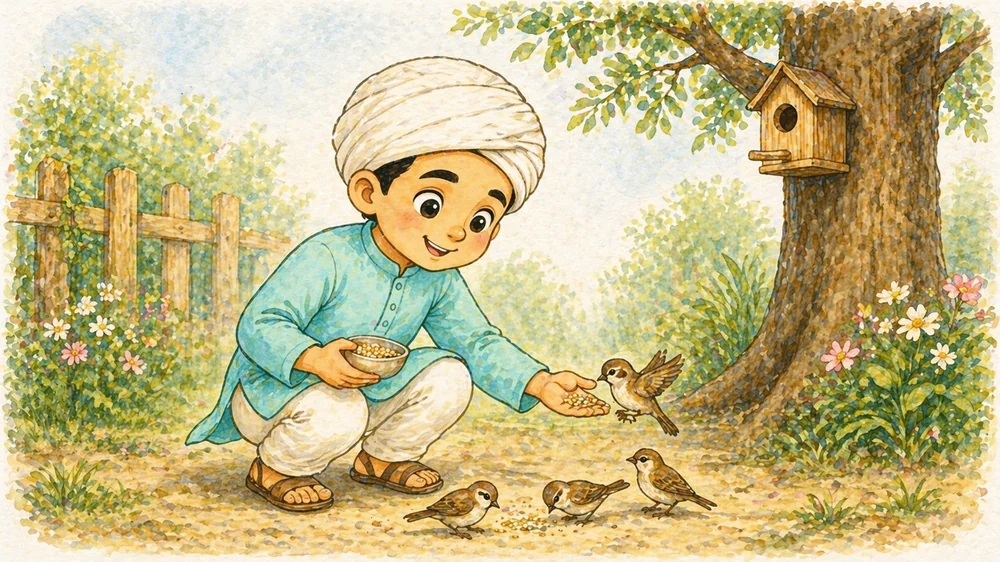 Little Kabir watching birds at a small birdhouse, listening — watercolour illustration.