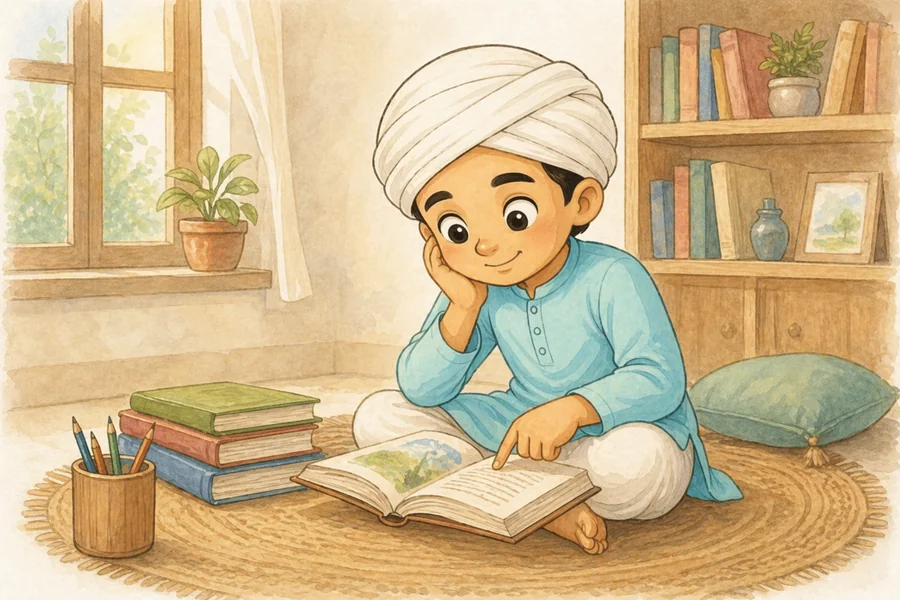 Little Kabir sitting with books and a warm reading moment
