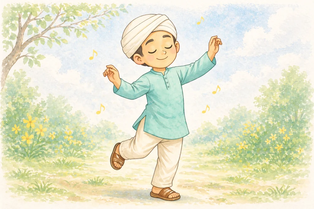 Little Kabir dancing in a garden with arms relaxed and a soft smile — watercolour illustration.