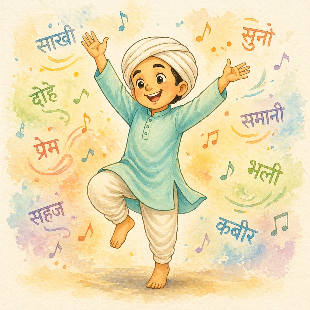 Little Kabir moving joyfully as words and music float around him.