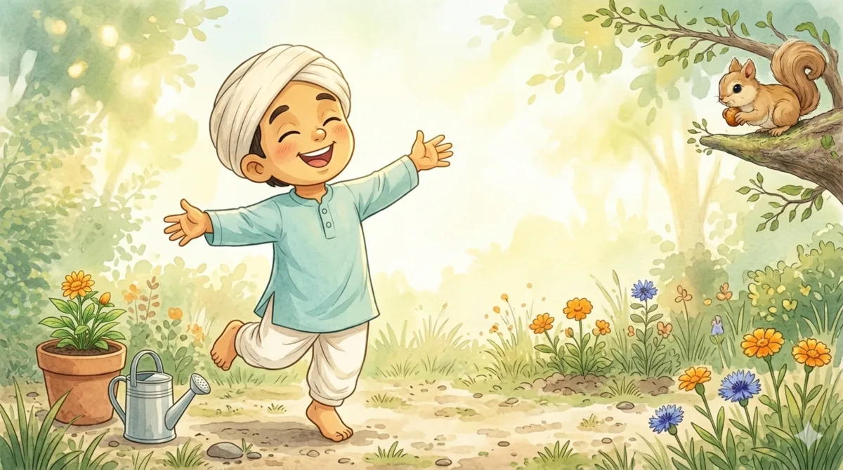 Little Kabir with arms spread in a small garden, full of wonder — watercolour illustration.