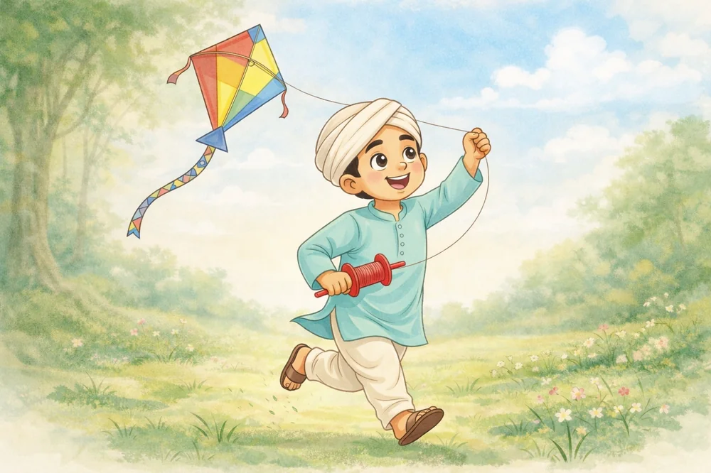 Little Kabir running with a kite string in his hand, joyful — watercolour illustration.