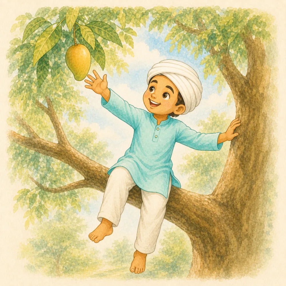 Little Kabir climbing a mango tree, reaching for a ripe mango — soft watercolour illustration