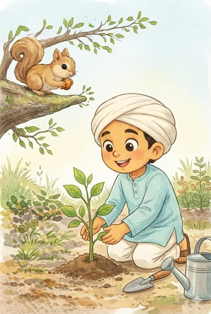 Little Kabir carefully planting a young sapling, a squirrel watching from a nearby branch