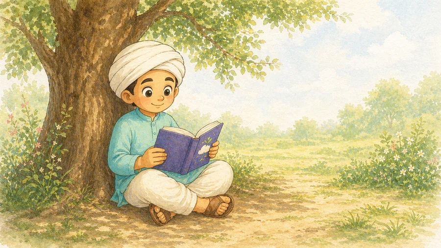 Little Kabir reading under a tree in soft watercolour style