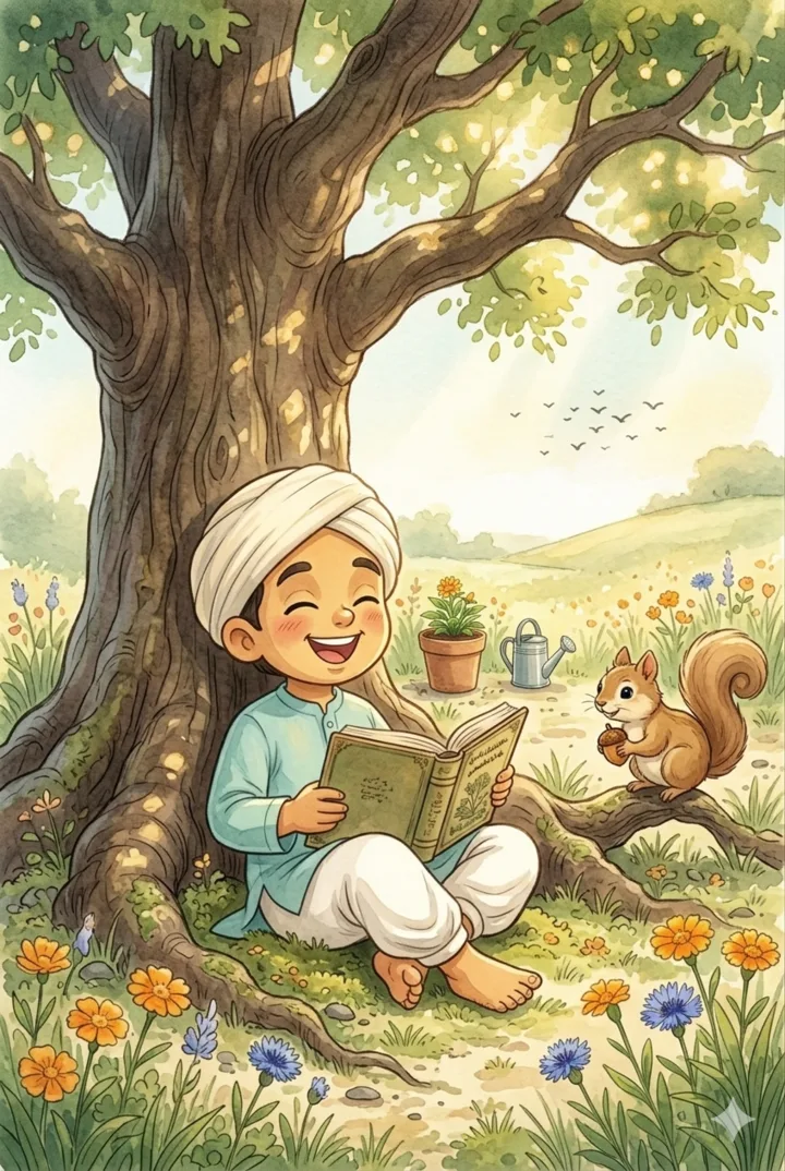 Little Kabir sitting under a tree, reading a book with a squirrel companion