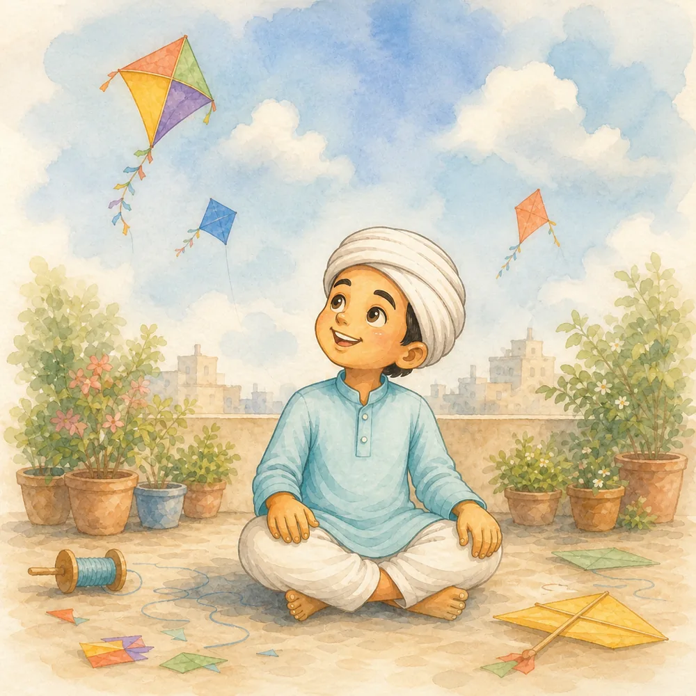 Little Kabir sitting on a rooftop watching kites fly overhead — soft watercolour illustration