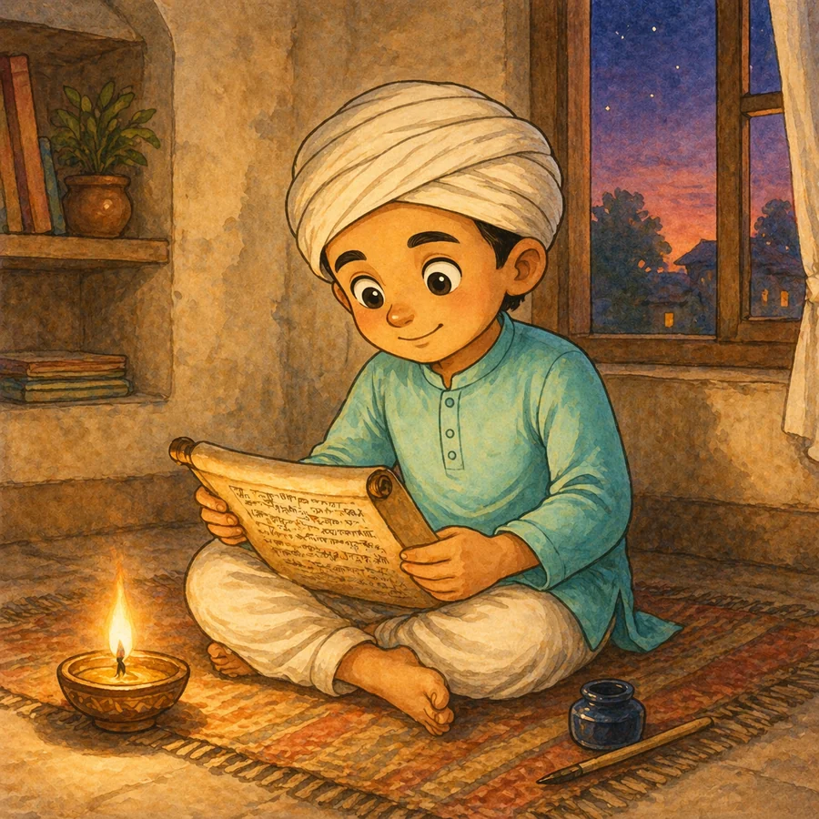 Little Kabir reading a scroll beside a warm candle