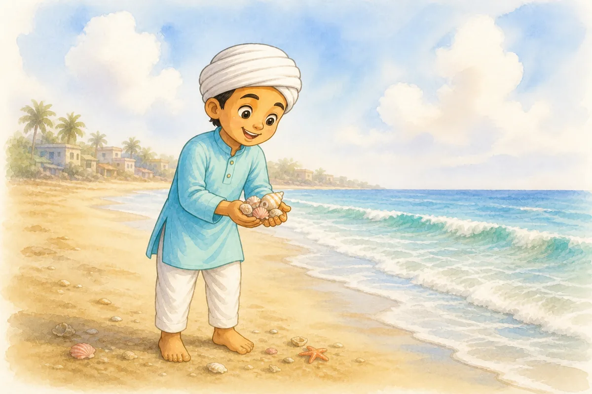 Little Kabir on a beach holding a handful of seashells, gentle waves behind him — soft watercolour illustration
