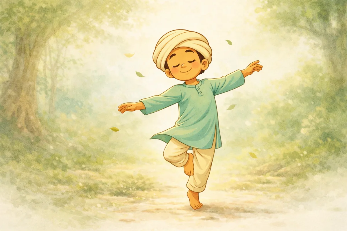 Little Kabir in a calm, meditative pose — eyes closed, leaves swirling gently around
