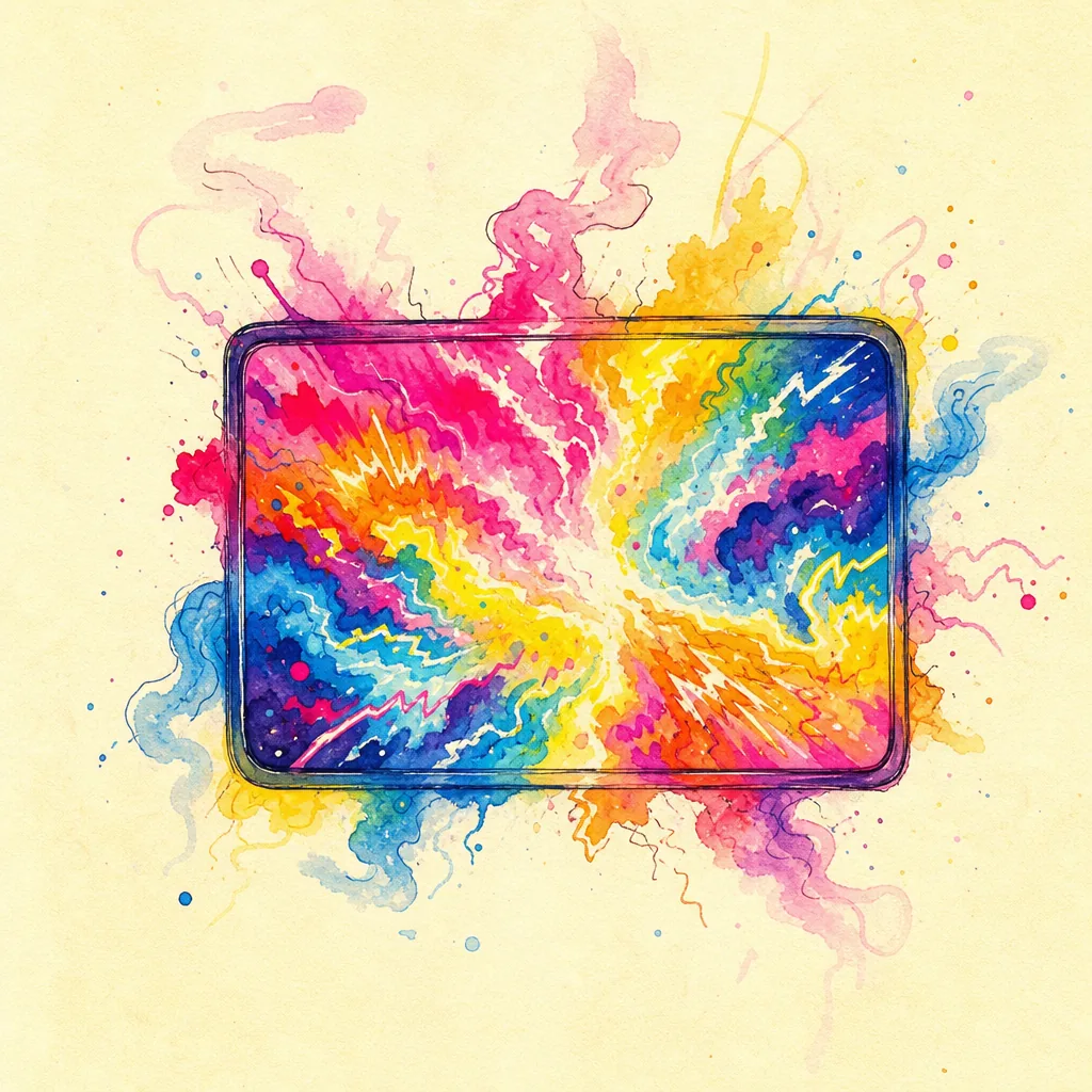 An abstract watercolour of a glowing rectangular screen filled with a chaotic swirl of clashing bright colours leaking at the edges. A visual metaphor for noisy, dopamine-led children's content.