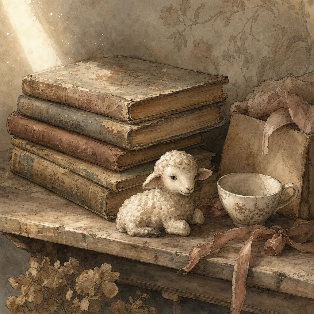 A still-life of dusty old foreign nursery books, a cracked teacup and a faded ceramic lamb on a wooden shelf — soft sepia watercolour. A visual metaphor for inherited, faded children's content.