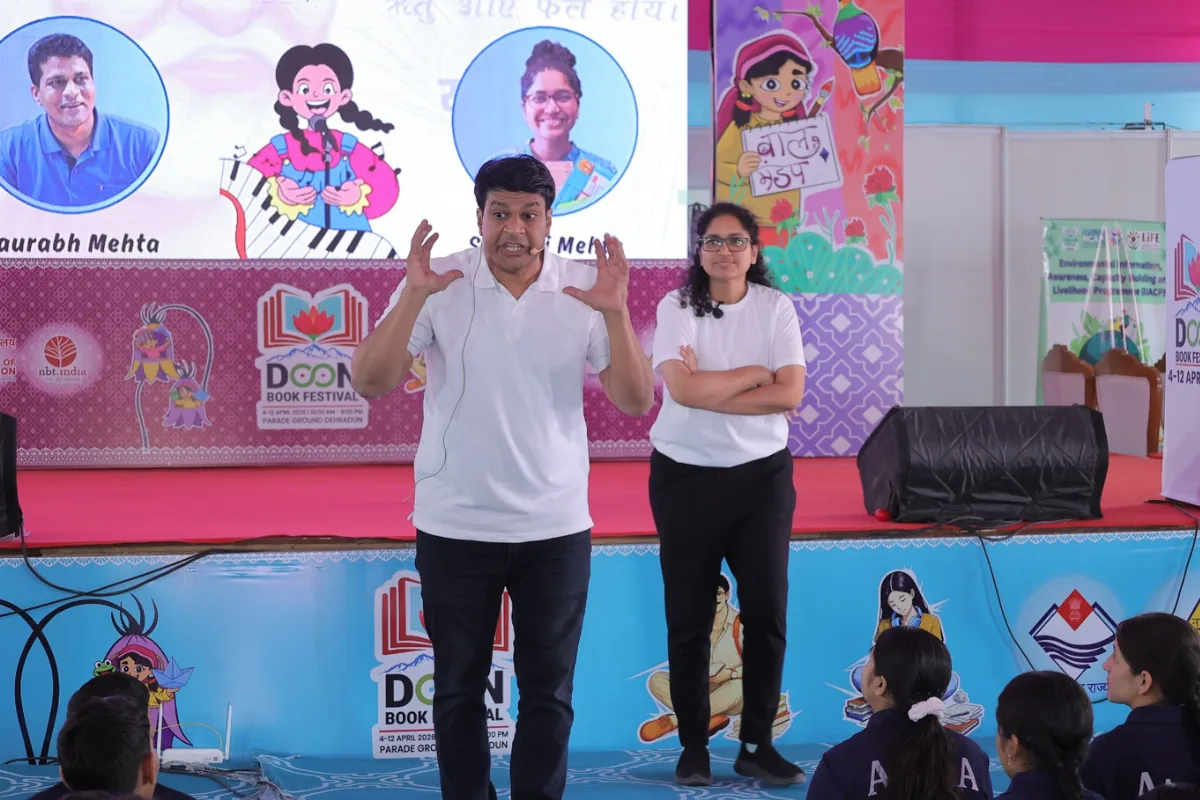 Children gathered at the K4K stall during NBT Doon Book Fair, Dehradun, April 2026