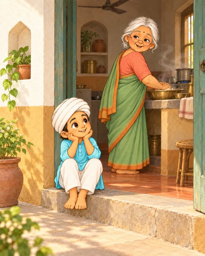 Little Kabir daydreaming on the doorstep while Nanna cooks inside